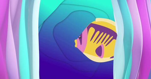 This digital art piece depicts a colorful fish amidst layered, vibrant waves set against a deep blue ocean background. The abstract design and vivid colors convey a sense of movement and liveliness, making it ideal for creative projects focusing on nature, marine themes, or abstract art. Perfect for use in graphic design, educational materials about sea life, or decorative elements in coastal-themed settings.