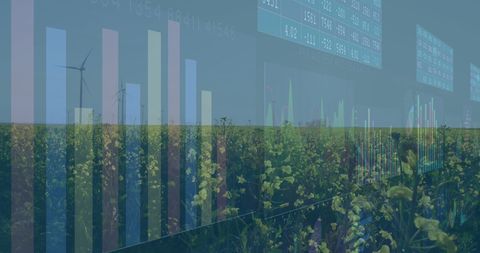 Financial Data Overlay on Landscape with Wind Turbines