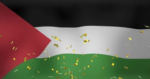 Waving Palestinian Flag with Gold Confetti Celebrating Patriotism