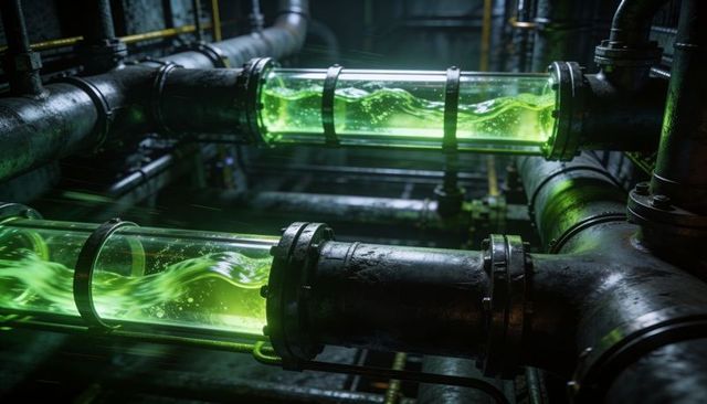 Neon green coolant swirling through transparent sight tubes in corroded pipework