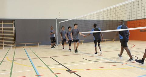 Diverse male volleyball players shaking hands over net in gym demonstrating sportsmanship