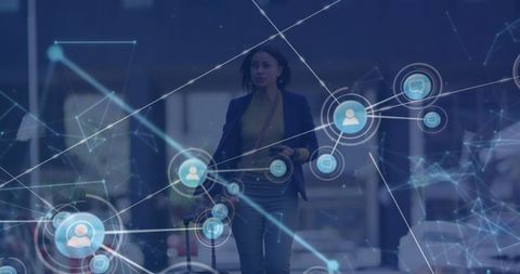 Businesswoman navigating global digital network with mobile connectivity