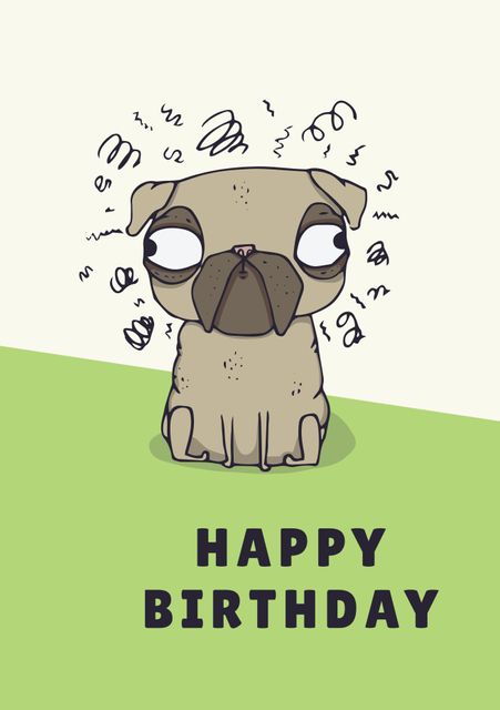 Illustration of a cartoon pug with swirl doodles and the text 'Happy Birthday' below. Ideal for lighthearted and festive birthday celebrations, pet lovers, and anyone looking for a humorous greeting card. Great for personal or commercial use on social media, websites, and print materials.