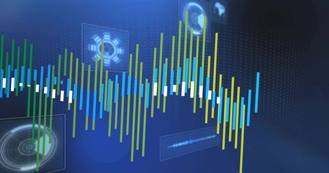 Displaying Futuristic Audio Waveform Visualization on Deep-Blue HUD Analytics Dashboard