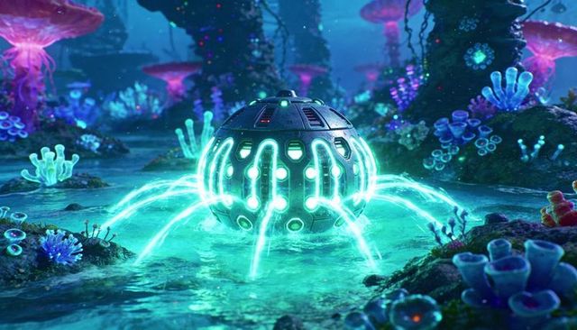 Glowing Futuristic AI-Generated Orb Emitting Cyan Energy Arcs on Bioluminescent Coral Reef