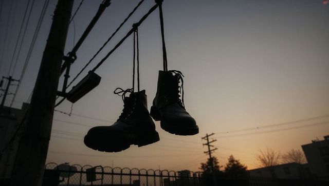 Hanging black combat boots over urban power lines at dusk silhouette and chain-link fence