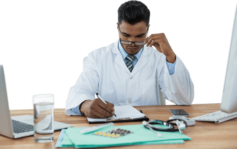 Healthcare professional writing on transparent background
