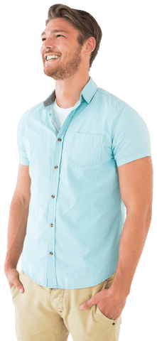 smiling young man in blue shirt with hands in pockets on transparent background - Download Free Stock Videos Pikwizard.com