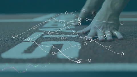 Runner Preparing for Race with Digital Network Overlay