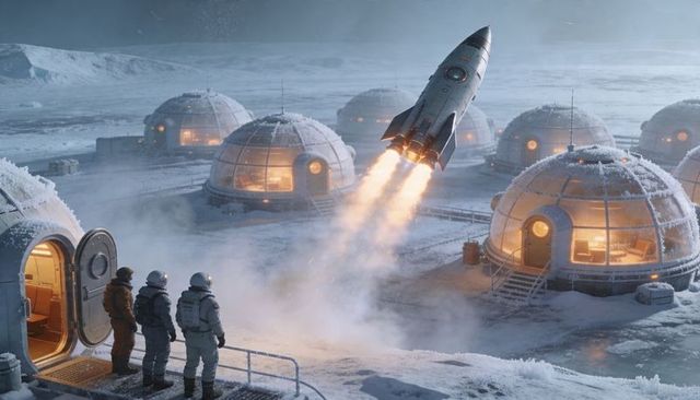 Rocket launching from frozen dome outpost while astronauts watch at icy research colony