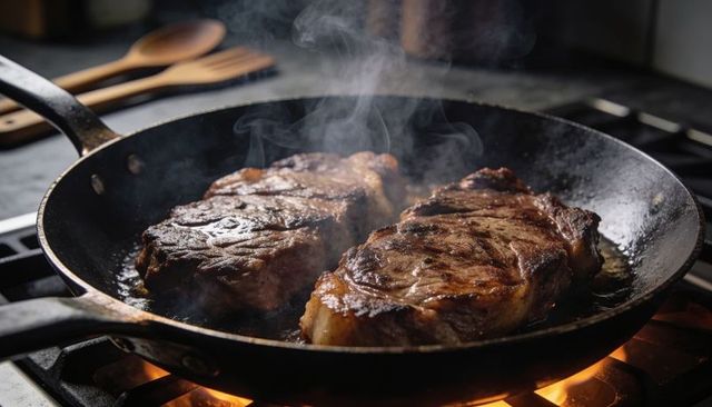 Searing ribeye steaks in cast-iron skillet on gas stove with sizzle, smoke and crust