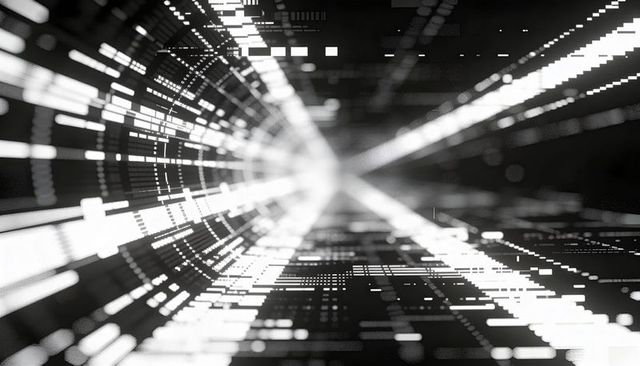 Streaming digital tunnel of glowing pixel blocks and streaking bars, futuristic cyber corridor