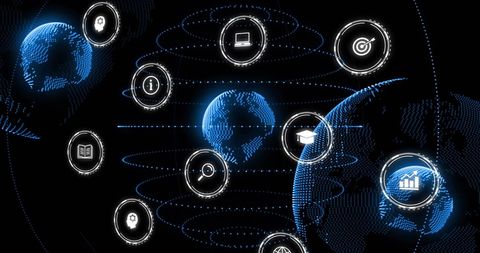 This image illustrates a futuristic digital networking landscape, showcasing a variety of interconnected icons across glowing cosmic spheres representing global communication and data connections. It is ideal for presentations, articles, or websites focusing on digital transformation, cybersecurity, global networking, and advanced information technologies. It captures an engaging concept of interconnected global systems and information hubs, suitable for evoking themes of modern technological advancement and cyber infrastructure.