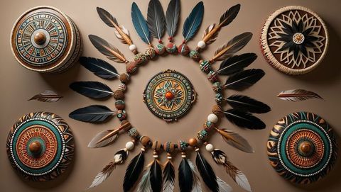 Bohemian medallion with feathers and round beaded crafts