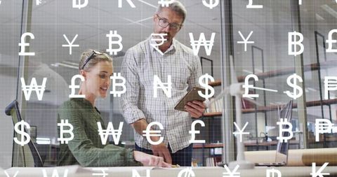 Collaborating team reviewing financial documents with currency symbols overlaying glass