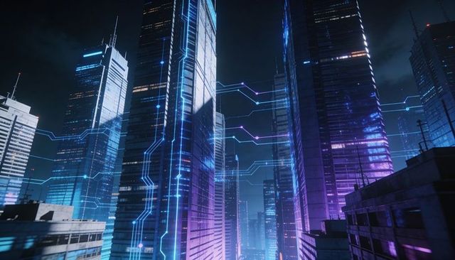 Neon-tech skyline glowing with pulsing circuit veins connecting cyberpunk skyscrapers at night