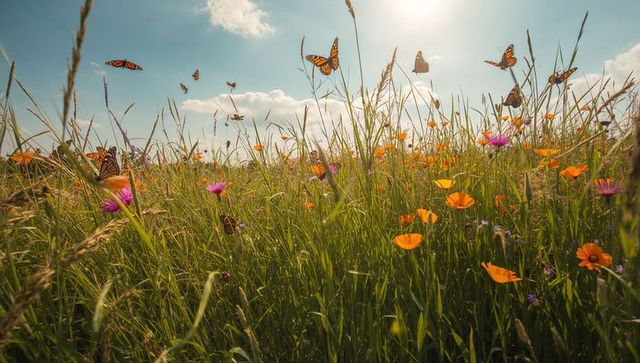 Monarch butterflies dancing over sunlit wildflower meadow with orange poppies