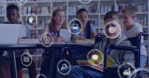 Inclusive classroom learning with student in wheelchair and peers using digital technology