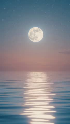 Vertical video: Full moon reflecting and shimmering on rippling sea under starry twilight