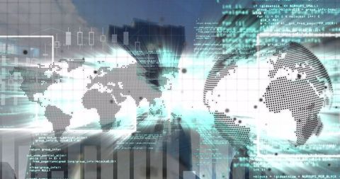 World Map Digital Overlay with Data Streams in Urban Environment