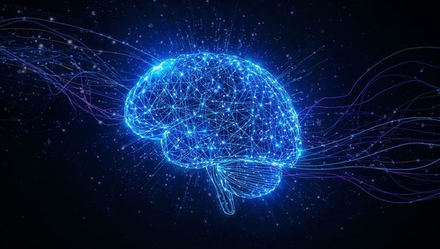 Neon wireframe brain glowing with data streams and network nodes, AI neural visualization