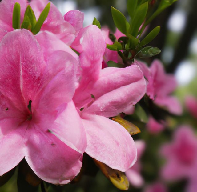 Vibrant close-up of a pink azalea flower in garden. Delicate pink petals contrasts with green foliage. Suitable for botanical studies, gardening inspiration, home decoration ideas, floral-themed designs, and background images for seasonal promotions.