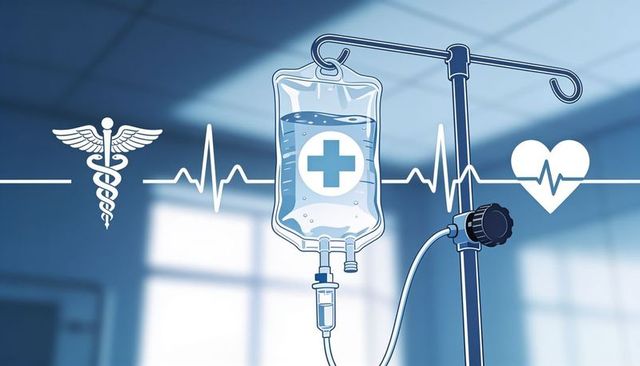Iv drip bag hanging on pole showing medical cross and ecg waveform in sterile hospital