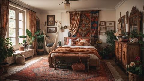 Boho bedroom featuring wooden bed, woven tapestry, rust-orange textiles and lush plants