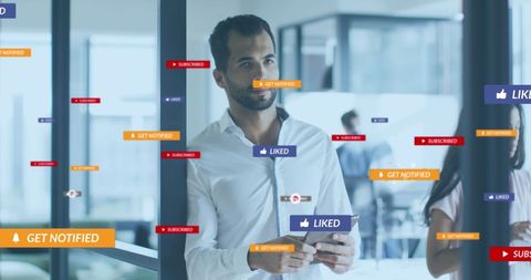 Business People Surrounded by Social Media Notifications and Interactions