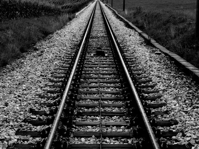 Lonely railroad tracks stretching infinitely into the distance. Appropriate for themes involving travel, solitude, and journeys. Effective for use in transportation-related content, adventure-themed graphics, and various artistic designs emphasizing symmetry and straight lines.