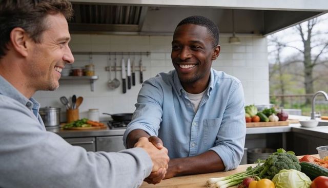 Two men shaking hands over fresh produce in modern kitchen, food partnership