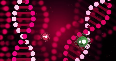 Virus cells interacting with dna strands on pink background