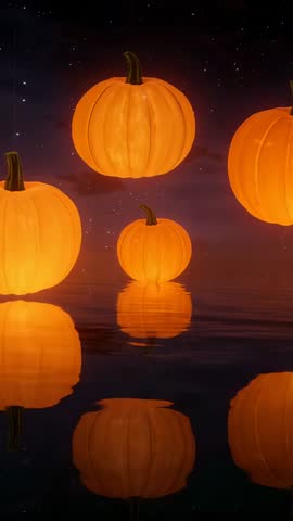Floating Glowing Pumpkins Bobbing and Rotating on Lake Under Starry Night Vertical Video