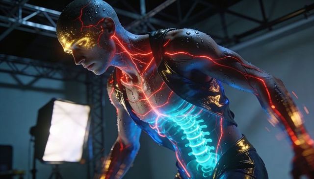 Leaning model showcasing neon biomechanical spine and glowing cybernetic vascular circuitry