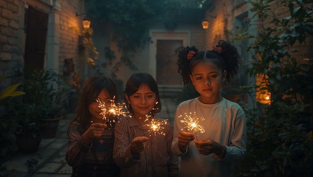 Children celebrating with sparklers in courtyard at dusk