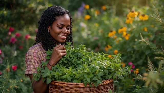 Smiling woman harvesting fresh herbs while holding wicker basket in sunlit cottage garden