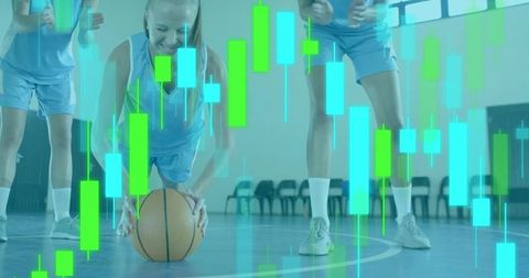 Basketball Players Practicing Ball Handling with Analytics Overlay and Candlestick Graphs