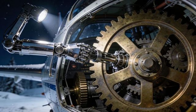 Robotic arm repairing brass cogwheel inside aircraft cockpit during night maintenance