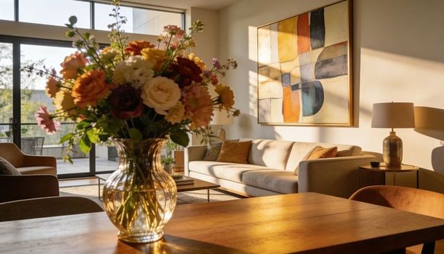 Glass vase catching golden light on wooden table in sunlit living room with floral bouquet