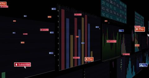 Dark Analytics Dashboard with Neon Bar Chart, Social CTA Badges and Play Controls