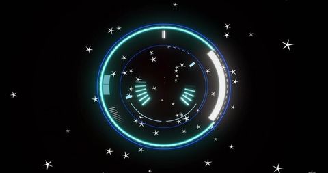 Glowing futuristic holographic interface ring pulsing with neon cyan teal progress arc