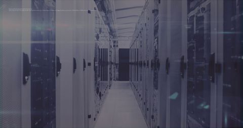 Data center hallway with server racks and digital overlay