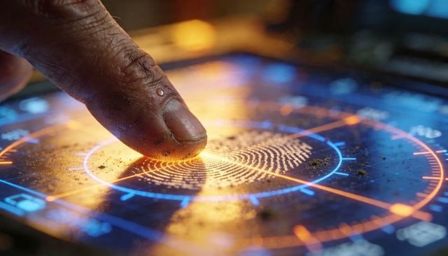 Grimy Finger Pressing Biometric Fingerprint Scanner on Futuristic Circular HUD with Glow