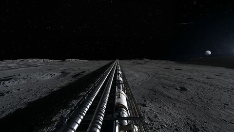 Stretching mass driver rails across lunar plain under star-filled sky and distant planet