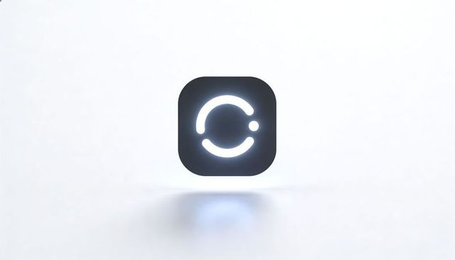 Floating glowing app icon with dashed circular ring and accent dot minimal tech branding