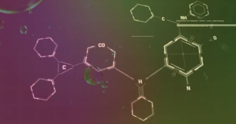 Abstract chemical formulas on bubbling green background
