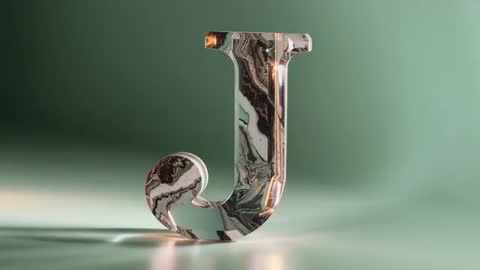 3D Marble Letter J Rotating on Reflective Surface with Green Backdrop