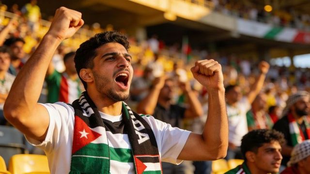 Passionate fan wearing jordan flag scarf cheering in sunlit stadium stands