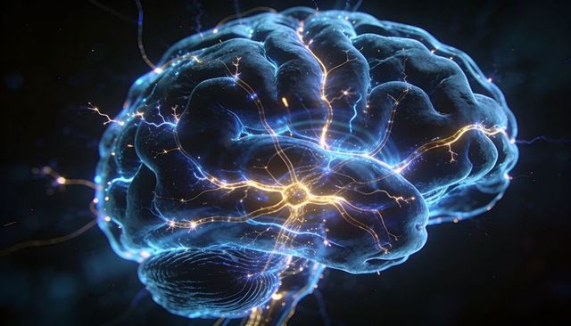 Glowing Neural Network Brain with Electric Synapses Representing AI and Neuroscience