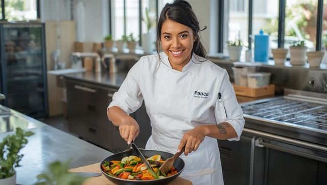 Chef stirring fresh vegetables in modern commercial kitchen